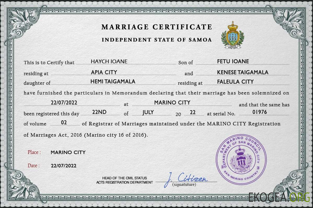 Modèle PSD de certificat de mariage des Samoa